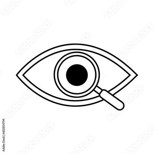 Magnifier with eye outline icon. Find icon, investigate concept symbol. Eye with magnifying glass. Appearance, aspect, look, view, creative vision icon
