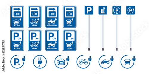 Vector Sets of Electronic Parking Lots, and charging point areas. Letter P Parking Symbol Sign for electronic car, vehicle, motorbike, bicycle, truck. Parking for plug zone. Vector.