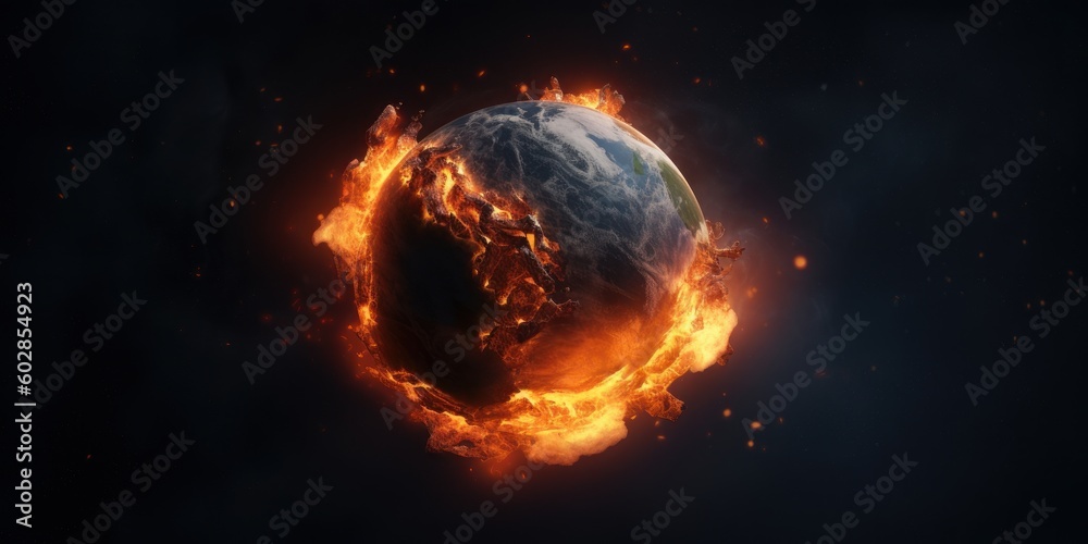 Earth on Fire and Burning Down, Global Catastrophe and World Destroyed on Dark Background. Generative AI Earth on Fire and Burning Down, Global Catastrophe and World Destroyed on Dark Background. Generative AI