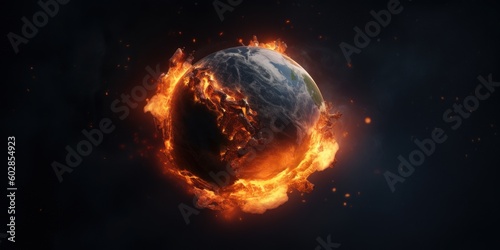Earth on Fire and Burning Down, Global Catastrophe and World Destroyed on Dark Background. Generative AI