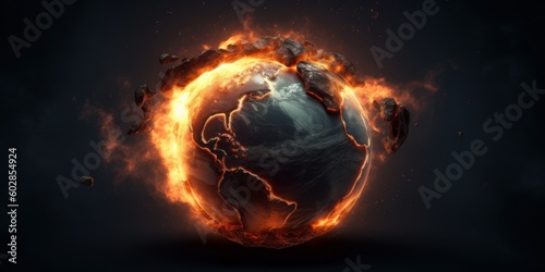 Earth on Fire and Burning Down, Global Catastrophe and World Destroyed on Dark Background. Generative AI