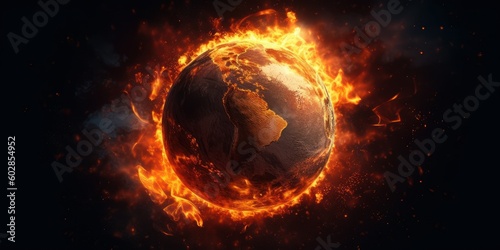Earth on Fire and Burning Down, Global Catastrophe and World Destroyed on Dark Background. Generative AI