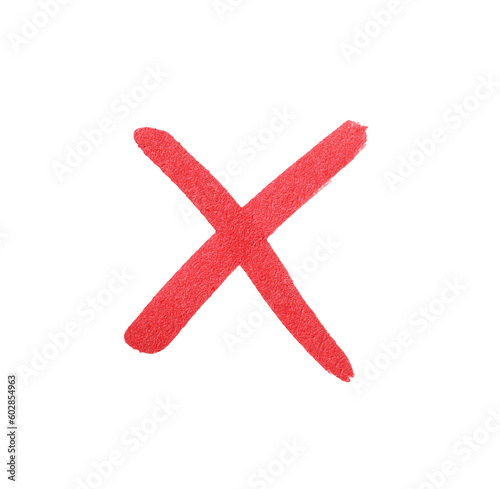Cross sign drawn with red marker isolated on white, top view