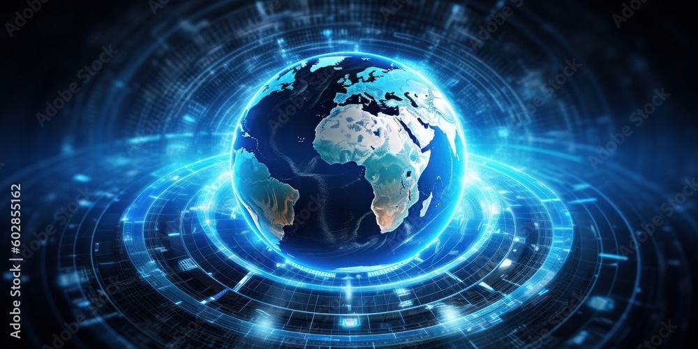Obraz premium Cyber Earth Background, Futuristic Digital World and Global Technology. Generative Ai