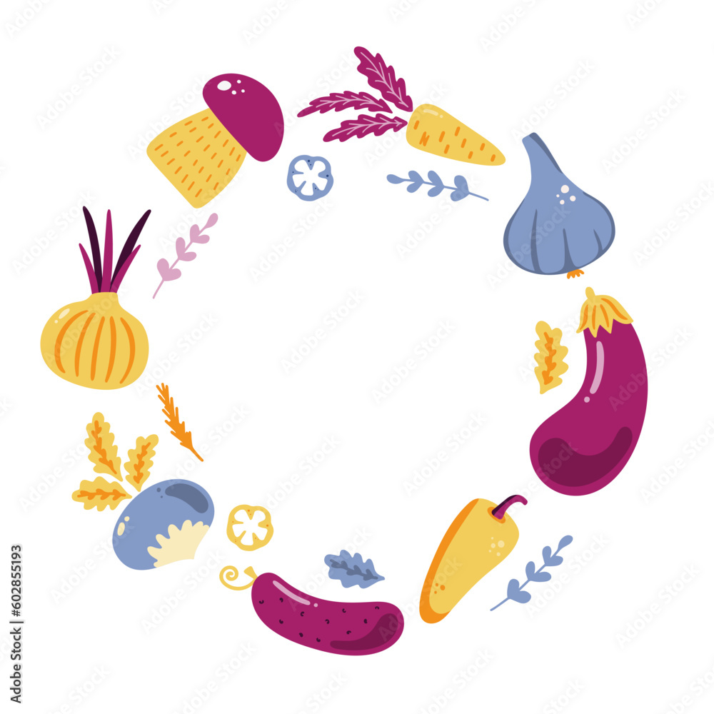 Round frame with fresh raw ripe vegetables Round frame with fresh raw ripe vegetables