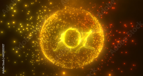 Abstract round yellow orange sphere light bright glowing from energy rays and magic waves from particles and dots, abstract background