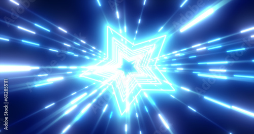 Abstract blue energy futuristic hi-tech tunnel of flying stars and lines neon magic glowing background