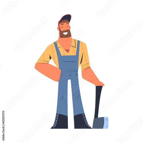 Bearded Man Logger or Lumberjack in Checkered Shirt Standing with Axe Vector Illustration