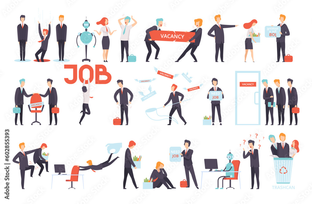 People Characters Searching and Losing Their Jobs as Recruitment and Hiring Vector Set