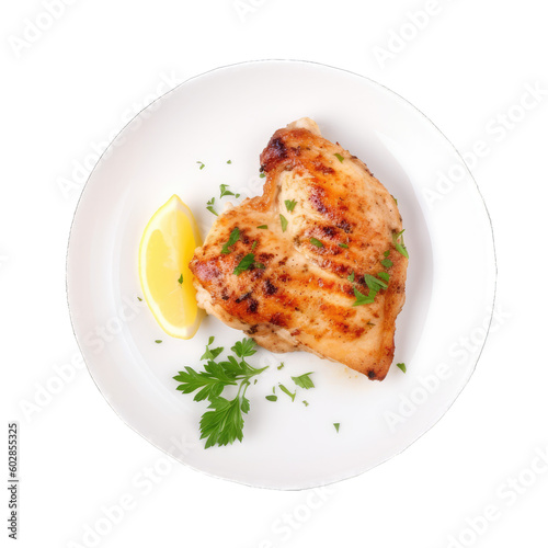 Grilled chicken on plate isolated on transparent background
