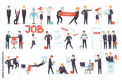 People Characters Searching and Losing Their Jobs as Recruitment and Hiring Vector Set