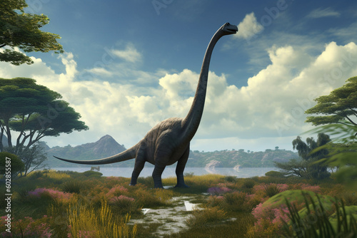 Majestic Giants of the Prehistoric World: A Realistic Illustration Showcasing the Brachiosaurus in an Enchanting Prehistoric Landscape AI generated photo