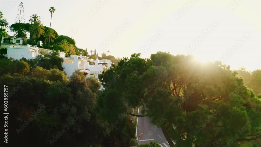 Villa Is Surrounded By Exotic Plants. Exotic Nature Of Spain. Villa On Background Of Sky. Villa Is Surrounded By Exotic Plants. Exotic Nature Of Spain. Villa On Background Of Sky.