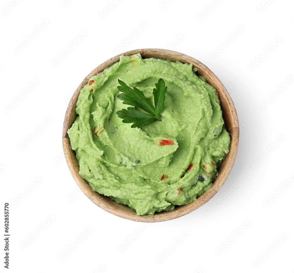 Bowl of delicious guacamole isolated on white, top view Bowl of delicious guacamole isolated on white, top view