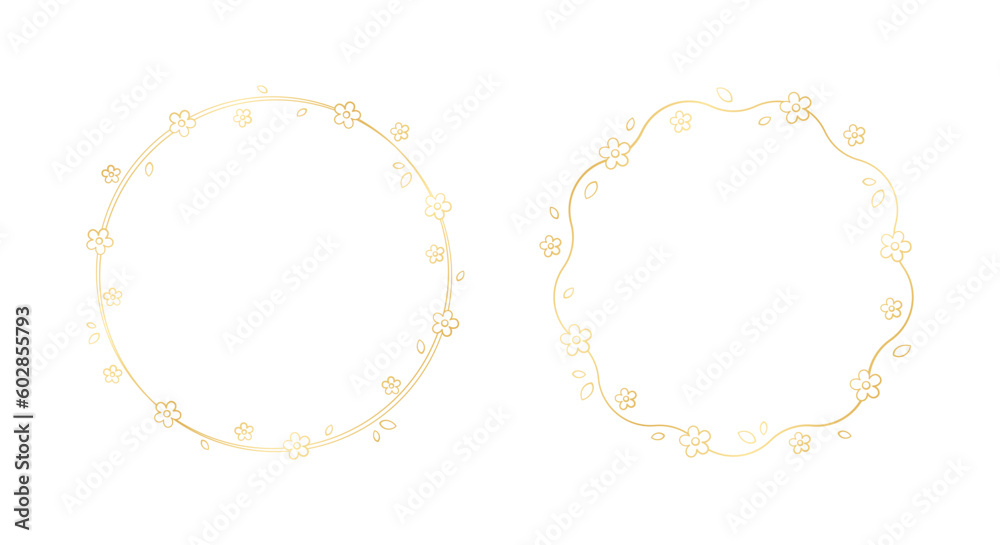 Gold Round Floral Frame Outline Doodle. Spring botanical circle border template, flourish design element for wedding, greeting card. Gold Round Floral Frame Outline Doodle. Spring botanical circle border template, flourish design element for wedding, greeting card.