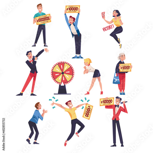 Happy People Character Cheering about Lottery Winning Gaining Lump Sum Vector Illustration Set
