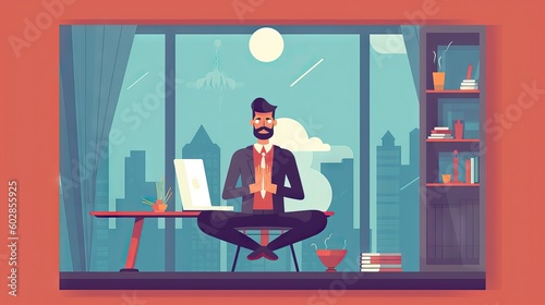 High-ranking executive meditating in his office, a bearded man in a colorful, simple illustration, generative ai