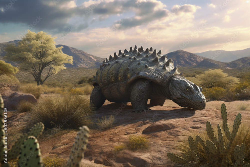Guardian of the Prehistoric Realm: A Realistic Illustration Showcasing the Mighty Ankylosaurus in a Mesmerizing Prehistoric Landscape AI generated