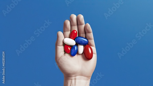 Hand with pills, alluding to medication and over-medication risks, a health warning, generative ai