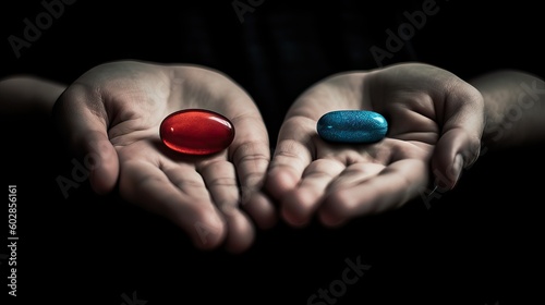 "Red pill or blue pill, which do you choose?" showing two open hands, one holding a red capsule, the other a blue one, generative ai