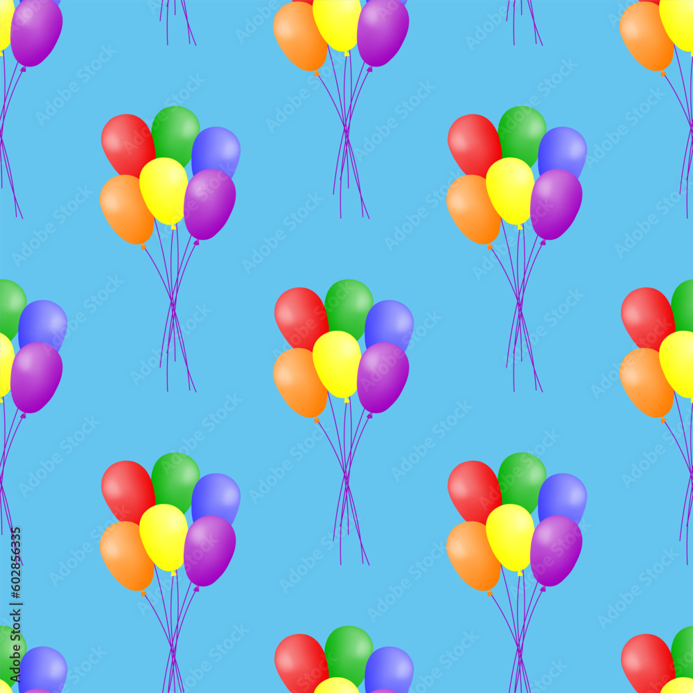 Seamless pattern with colorful balloons floating on a blue background. Cheerful design for holiday decoration, fabric, wallpaper or wrapping paper. Vector illustration.