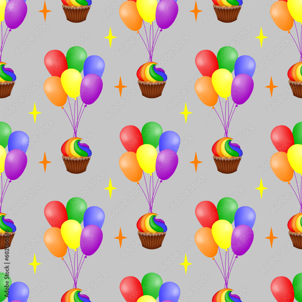 Obraz premium Bundles of colorful balloons, stars and rainbow cupcakes on a gray background. Childish seamless pattern. For fabric, wrapping, wallpaper. Vector illustration.