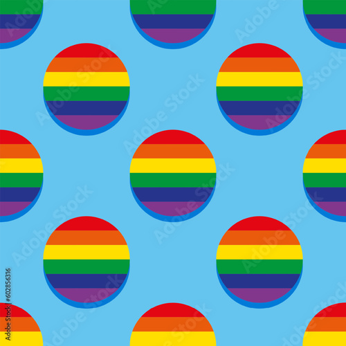 Rainbow circles on a blue background, seamless pattern. Background for Pride Month celebration. Retro design for fabric, wallpaper, wrapping paper. Vector illustration.