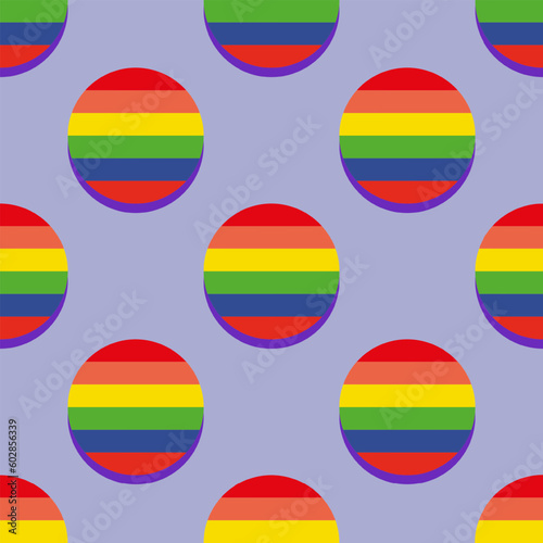 Seamless pattern in flat pop art style with bright circles in the colors of the LGBT flag. Rainbow background for Pride Month celebration. Retro design for fabric, wallpaper, wrapping paper. Vector.