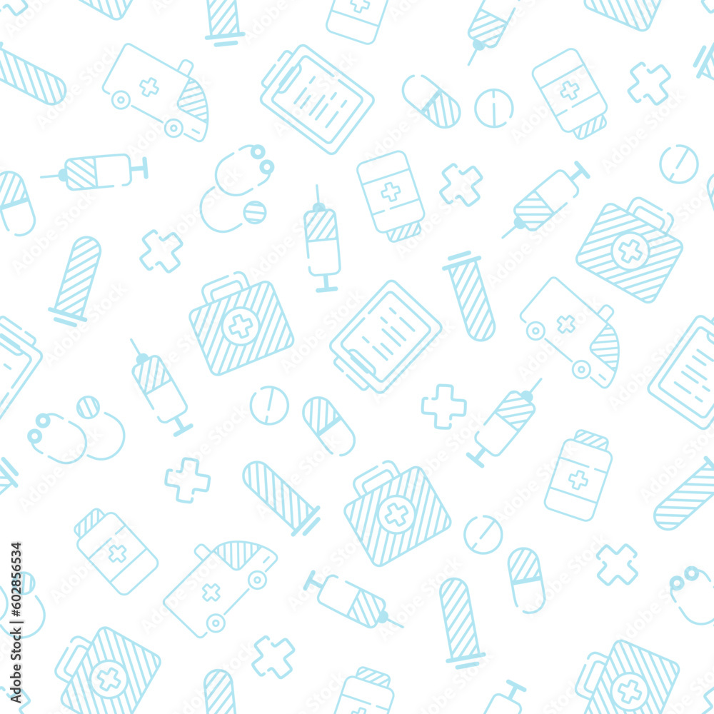 Seamless pattern with outline icons of chemistry medicine