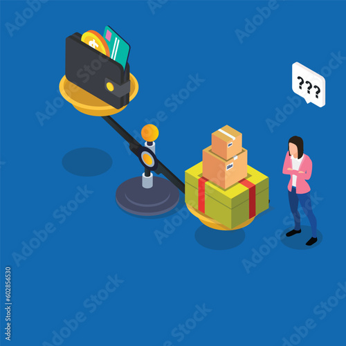 Woman with shopping addiction isometric 3d vector illustration concept for banner, website, illustration, landing page, flyer, etc