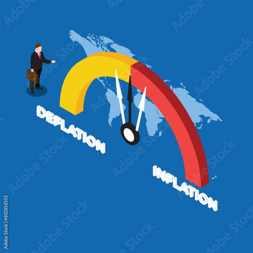 Businessman with Deflation and inflation gauge isometric 3d vector illustration concept for banner, website, illustration, landing page, flyer, etc