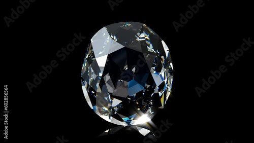 Koh-i-noor diamond rotating on black glossy background. Seamless loop 3d animation