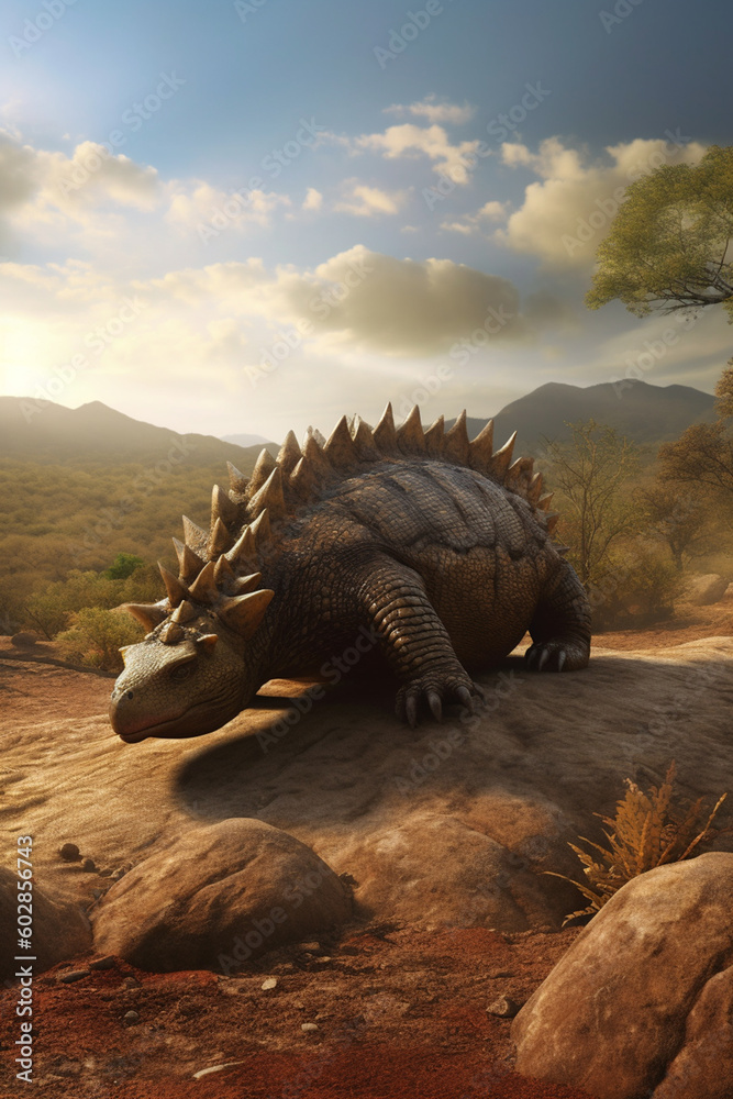 Fototapeta premium Guardian of the Prehistoric Realm: A Realistic Illustration Showcasing the Mighty Ankylosaurus in a Mesmerizing Prehistoric Landscape AI generated