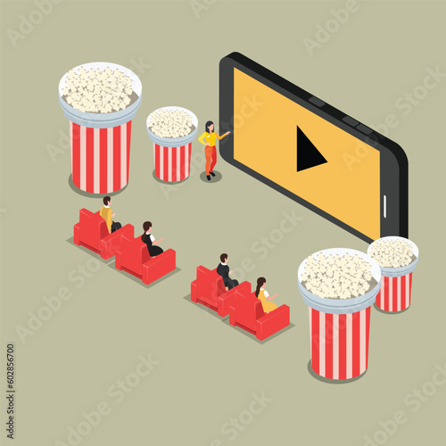 Online streaming home cinema isometric 3d vector illustration concept for banner, website, illustration, landing page, flyer, etc