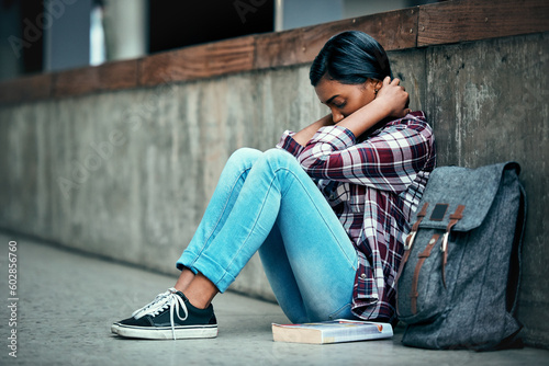 Student  anxiety and woman with burnout  university and depression with mental health issues  problems and frustration. Female person  academic or girl with backpack  stress or headache with deadline