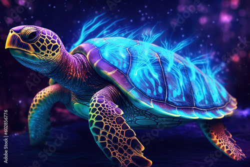 fluorescent glowing turtle swimming in the sea, Generative AI