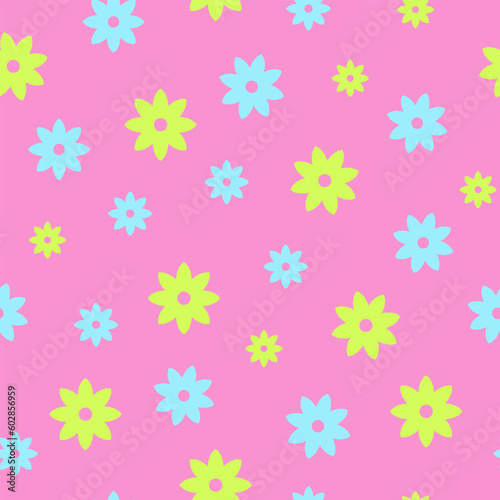 Simple yellow and light blue flowers seamless pattern on light pink background, for pattern, background, wallpaper, wrapping paper, textile, fabrics