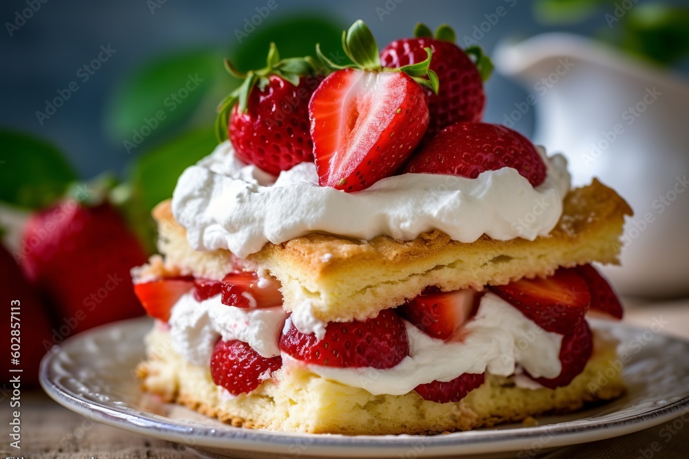 strawberry shortcake with fresh strawberries and whipped cream piled high on top. Generative ai strawberry shortcake with fresh strawberries and whipped cream piled high on top. Generative ai