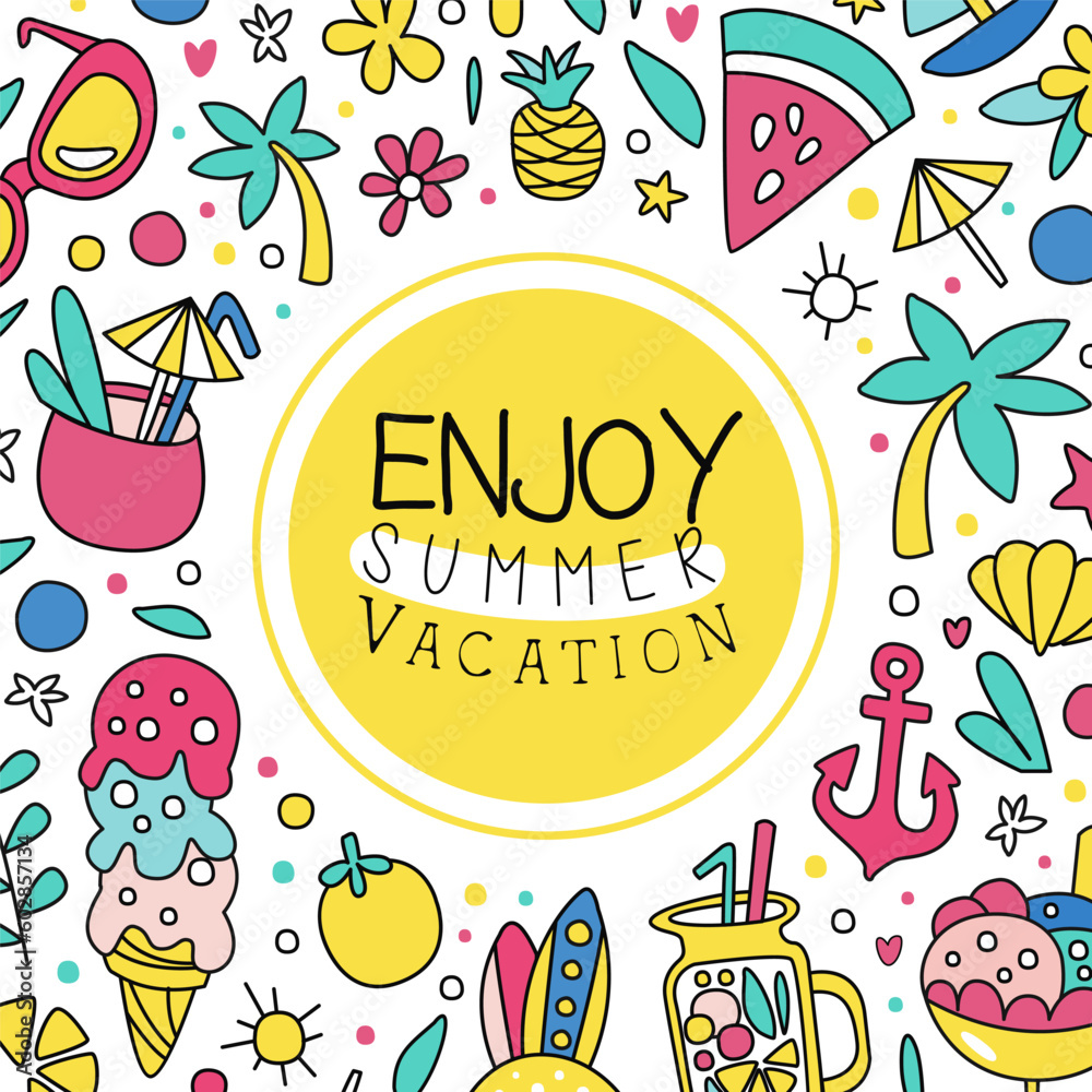 Colorful Summer Vacation Card Design with Doodle Object Vector Template