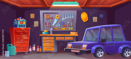 Garage room interior for tool storage in house. Cartoon home basement furniture illustration. Modern storeroom for repair car with mechanic equipment and board. Underground inventory office section