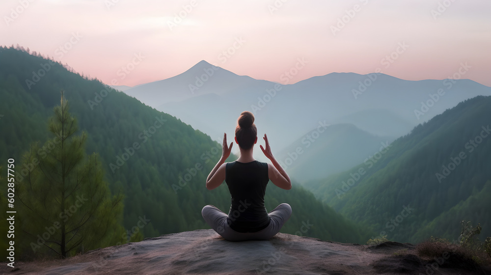Young woman doing yoga outdoor. Background of beautiful mountains.