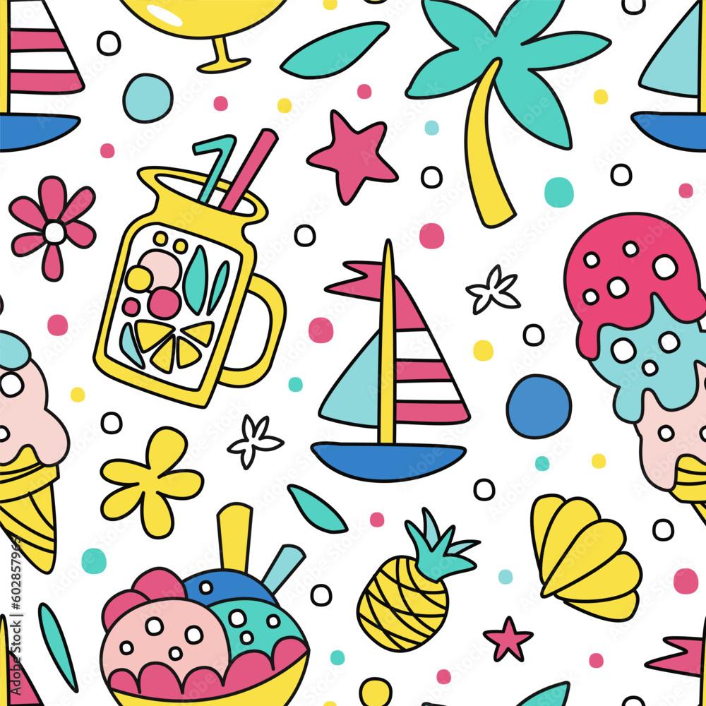 Colorful Summer Vacation Design with Doodle Object Vector Seamless Pattern Template