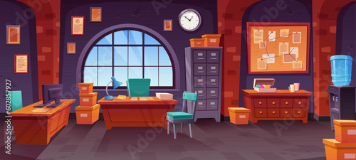 Police detective office interior with furniture. Vector cartoon illustration of room with investigation pinboard on wall, boxes with criminal case evidence, computers on desks, chairs, donuts on table