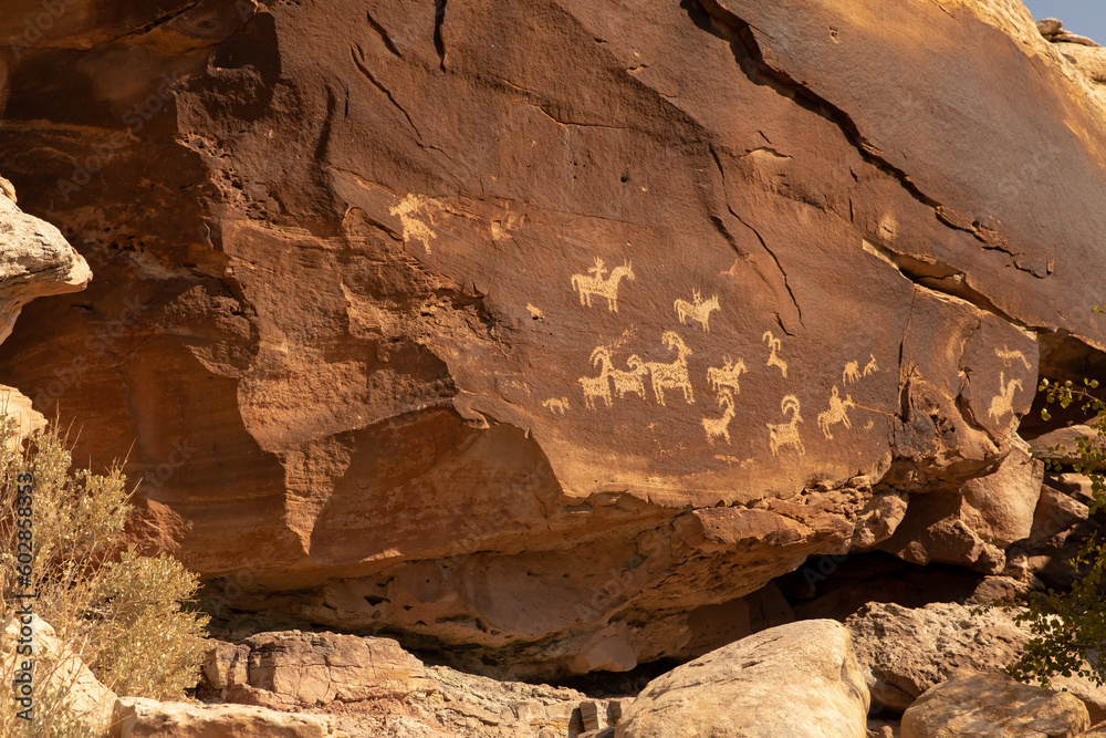 Petroglyphs on a rock face at Arches National Park