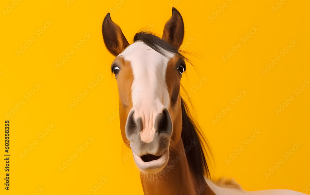Portrait of a horse on a yellow background facing camera with amazed expression generative ai