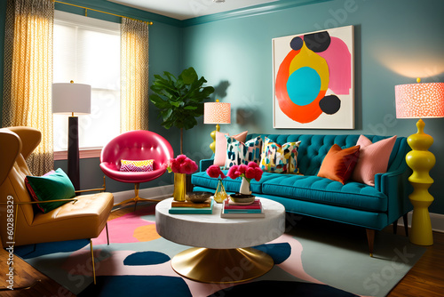 a colorful eclectic living room inspired by mid-twentieth century style - generative ai