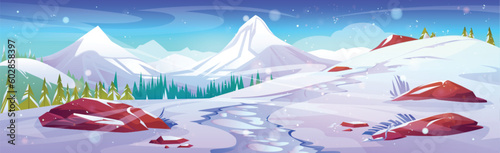 Winter snow mountain landscape cartoon vector background. Journey horizon view from hill on scenery tree. North track road to forest in snowy wonderland valley with blizzard in xmas holiday season