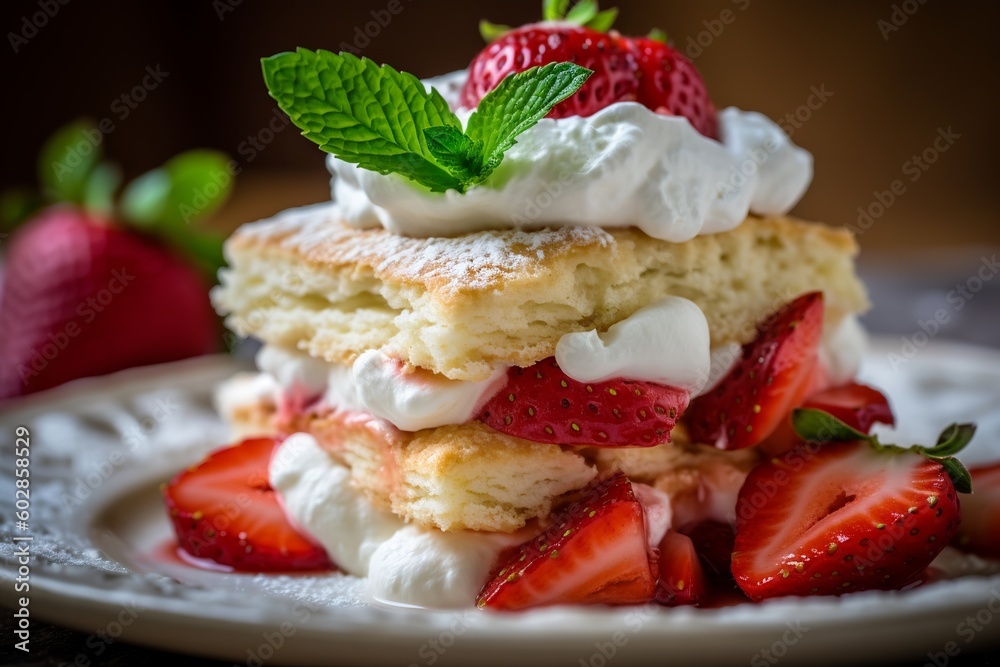strawberry shortcake with fresh strawberries and whipped cream piled high on top. Generative ai