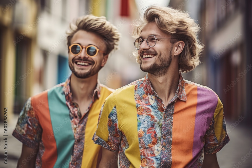 LGBT couple walking in the city. AI Generative., Generative AI LGBT couple walking in the city. AI Generative., Generative AI