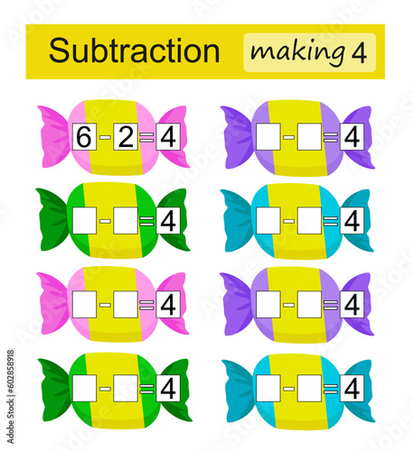Mathematical puzzle game for kids. Subtraction. Making 4.